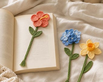 Crochet Bookmark Pattern PDF, Flower Bookmark Trio, Coral Hibiscus Blue Flower Daffodil, Book Lover Gift