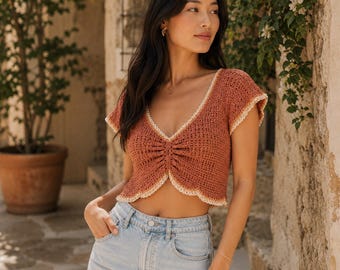 Crochet Crop Top PDF Pattern – Modern V-Neck Boho Summer Top, Scalloped Edges – Easy DIY Beginner-Friendly Crochet Tank Top Patter