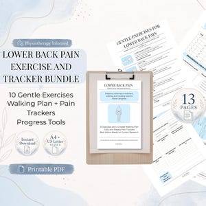 Pode incluir: Um pacote de documentos PDF imprimíveis para exercícios e acompanhamento da dor lombar. O pacote inclui 10 exercícios suaves, um plano de caminhada, rastreadores de dor e ferramentas de progresso. Formatos A4 e US Letter.