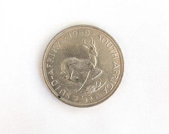 1959 Sudafrica, moneta d'argento da 5 scellini - Regina Elisabetta II - Corona Springbok