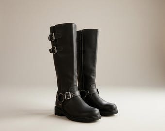 Botas altas de cuero para mujer – Botas de montar negras con hebilla, botas altas de equitación, botas de moda de invierno para mujer