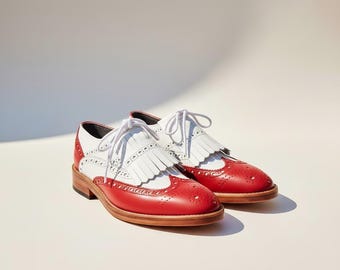 Wingtip Brogue Oxford Shoes Two Tone Red White Kiltie Fringe Leather Handmade Saddle Shoes Vintage
