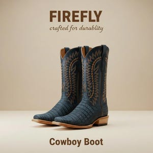 Op de afbeelding: Een paar marineblauwe cowboylaarzen met bruine decoratieve stiksels en een textuurpatroon. De laarzen hebben een lichtbruine zool en hak. De tekst "FIREFLY crafted for durability" en "Cowboy Boot" worden weergegeven.