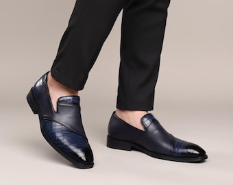 Mens Navy Blue Loafers, Slip On Dress Shoes Men, Croc Embossed Leather Shoes, Luxury Formal Wedding Shoes, Stylish Mens Shoes
