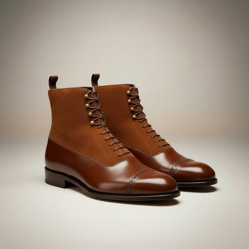 May include: A pair of brown leather boots with a two-tone design. The lower portion is a polished, glossy leather, while the upper section is a suede-like material. The boots have a lace-up closure and a small pull tab at the top.