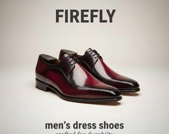 May include: Burgundy dress shoes with black laces, set against a white backdrop. The word "FIREFLY" is above the shoes, with the text "men's dress shoes crafted for durability" below. The shoes are a classic design.