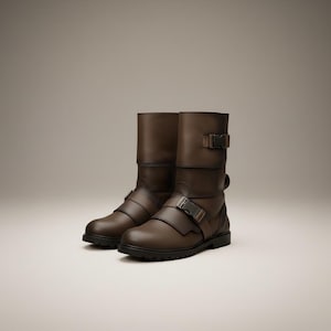 Könnte beinhalten: Ein Paar braune Lederstiefel mit Schnallen. Die Stiefel haben eine mittlere Wadenhöhe und eine robuste Sohle. Sie bestehen aus glattem, dunkelbraunem Leder und verfügen über zwei verstellbare Riemen mit Metallschnallen.