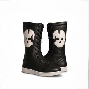 Totenkopf Wrestling Boots, Handgefertigte Schwarze Leder Ring Stiefel, Benutzerdefinierte Schnür Boxschuhe, Retro Wrestling Schuhe Bild 3