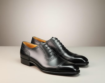 Mens Black Oxford Shoes Cap Toe, Handmade Leather Brogue Oxfords, Adelaide Oxford Shoes Men, Formal Dress Shoes, Wedding Shoes Men