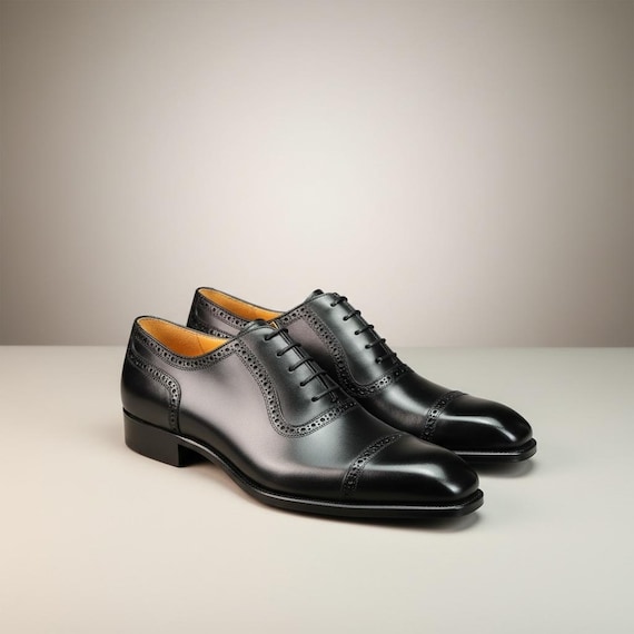 Mens Black Oxford Shoes Cap Toe, Handmade Leather Brogue Oxfords, Adelaide Oxford Shoes Men, Formal Dress Shoes, Wedding Shoes Men