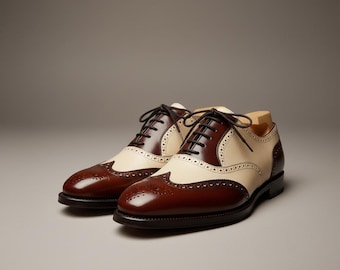 Two Tone Wingtip Brogue Oxford Shoes Mens Handmade Leather Dress Shoes Formal Vintage Style Classic Oxford