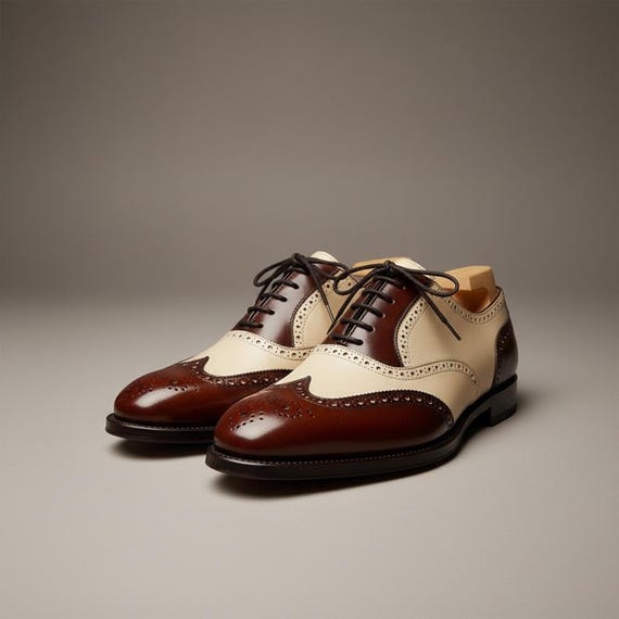 Two Tone Wingtip Brogue Oxford Shoes Mens Handmade Leather Dress Shoes Formal Vintage Style Classic Oxford