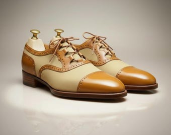 Zapatos Oxford para hombre color beige claro, zapatos de boda tipo brogue bicolor, zapatos formales con puntera para hombre, zapatos de vestir vintage hechos a mano.