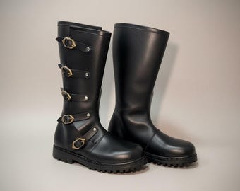 Botas medievales de cuero negro para hombre, botas vikingas de pirata, botas renacentistas hasta la rodilla, botas góticas hechas a mano para LARP y cosplay.