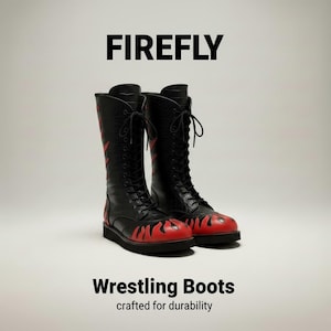Könnte beinhalten: Schwarze und rote Wrestling-Stiefel mit dem Wort „FIREFLY“ darüber. Die Stiefel haben rote Flammenmuster auf den Zehen und Seiten sowie rote Akzente an den Seiten. Der Text „Wrestling Boots crafted for durability“ steht darunter.