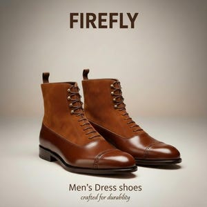 May include: A pair of brown leather dress boots with suede panels and lace-up closures. The boots have a cap toe design and are labeled "FIREFLY" above the text "Men's Dress shoes crafted for durability".