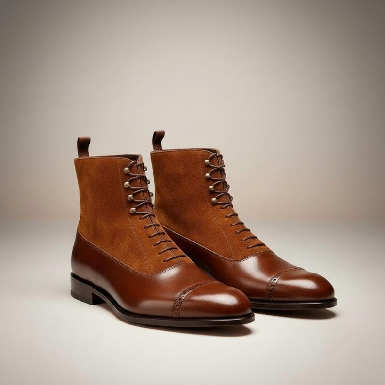 May include: A pair of brown leather and suede boots. The boots have a cap toe design, lace-up closure, and a pull tab at the top. The leather is a glossy brown, while the upper portion is a lighter brown suede.