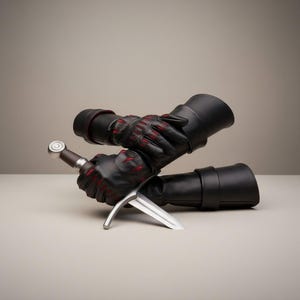 May include: Black leather gloves with red stitching, holding a silver sword with a brown handle. The gloves have a gauntlet style cuff. The sword is positioned horizontally, with the blade facing forward.