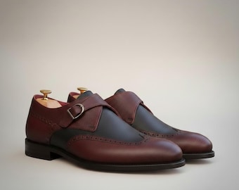 Mens Burgundy Black Monk Strap Shoes, Two Tone Dress Shoes, Leather Formal Shoes Men, Handmade Wedding Smart Footwear