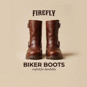 Puede incluir: Dos botas de motorista de cuero marrón con hebillas y suela robusta. Se muestran sobre un fondo neutro. La palabra "FIREFLY" está arriba, con "BIKER BOOTS" y "crafted for durability" debajo.