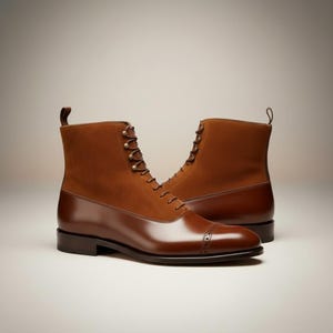 May include: A pair of brown leather boots with a cap toe design. The boots have a suede upper and a polished leather lower section. They feature a lace-up closure with metal eyelets and a pull tab at the back.