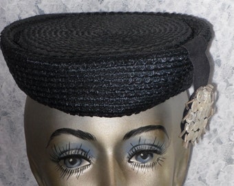 Raffia Straw Pillbox Topper Hat Navy Blue with Buttons by Coralie