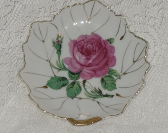 Pink Rose Ceramic Soap Vanity Trinket Dish Leaf Shape Floral Vintage Japan