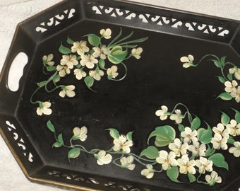 Large Octagonal Serving Tray Tole Painted Flowers with Handles Vintage