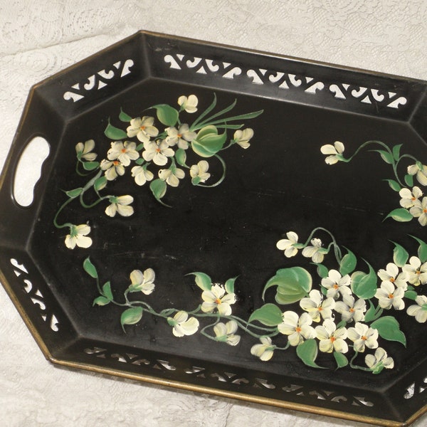Large Octagonal Serving Tray Tole Painted Flowers with Handles Vintage
