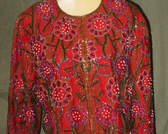 Red Sequin Bead Pearl Evening Jacket Night Vogue Size M Vintage 1980's Glam