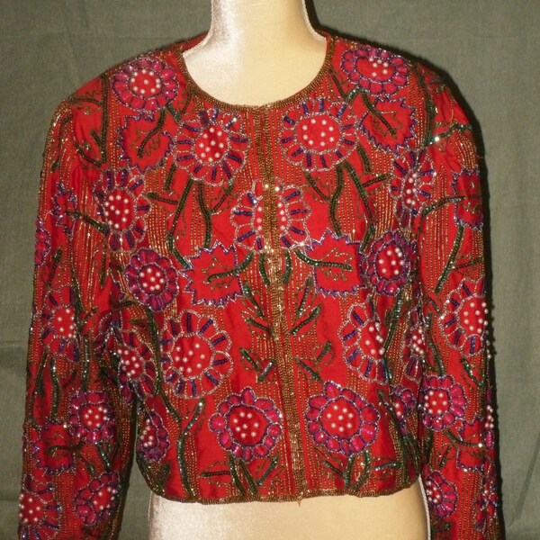 Red Sequin Bead Pearl Evening Jacket Night Vogue Size M Vintage 1980's Glam