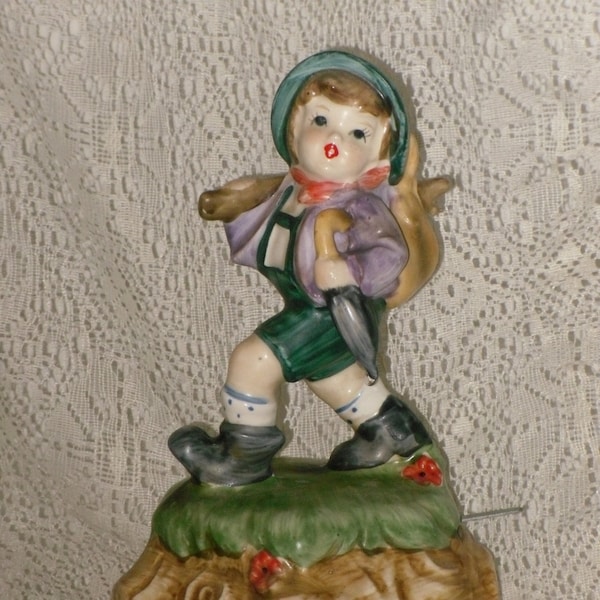 Lefton Boy with Knapsack Musical Figurine No. 2399 Vintage Music Box