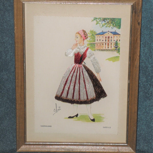 Embroidered Postcard Swedish Girl Framed Vintage Elsi Gumier Varmland Sverige Sweden