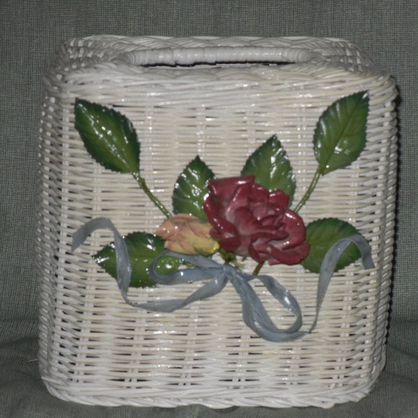 White Wicker Tissue Box Cover with Roses Vintage