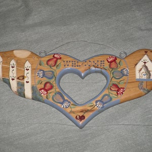 Welcome Heart Wood Sign Plaque Vintage Tole Painted Folk Art