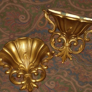 Hollywood Fleur Pair Hanging Wall Pockets Gold Set Vintage Homco
