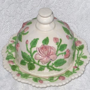 Dome Cheese Butter Dish Ceramic Floral Pink Green White Covered Lid Vintage