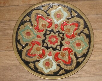 Round Brass Tray Embossed Enamel Multi Color Vintage Boho Decor