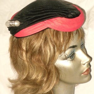 Ladies Black & Pink Church Hat with Hatpin Vintage Midcentury