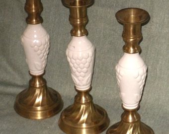Juego de 3 candelabros de latón y cerámica, estilo vintage