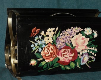 Tole Painted Metal Magazine Holder Roses Flowers Shabby Vintage