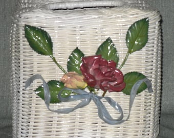 White Wicker Tissue Box Cover with Roses Vintage