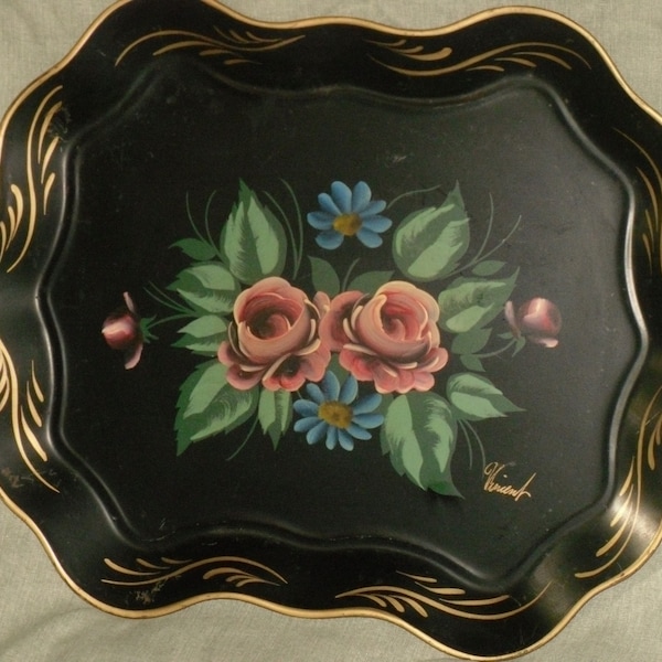 Black Octagonal Serving Tray Tole Painted Flowers Vintage Nashco