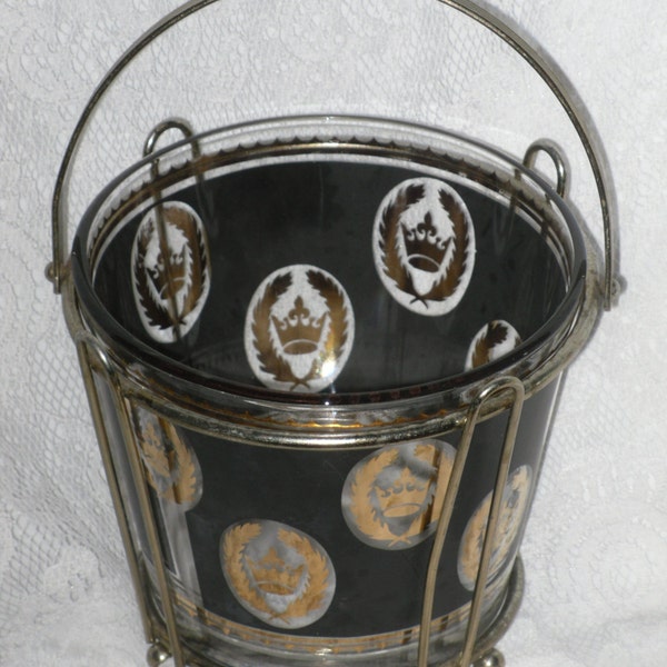 Glass Ice Bucket Black Gold Crown with Metal Carrier Stand Signed G. Reeves Barware Vintage
