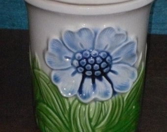 Flower Herb Pot Planter Small Ceramic Blue Green & White Vintage Japan