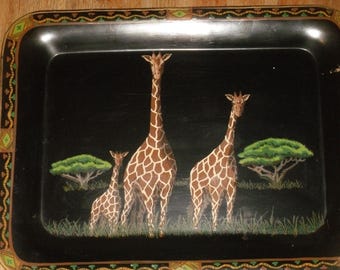 Bandeja para servir jirafas negras Tole pintadas de safari vintage