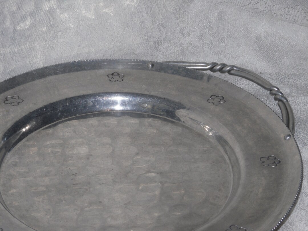 Large Aluminum Serving Tray Round Hammered With Braid Handles & Stamped