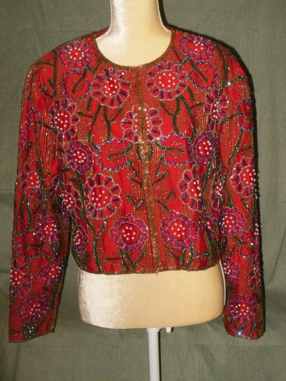 Red Sequin Bead Pearl Evening Jacket Night Vogue S