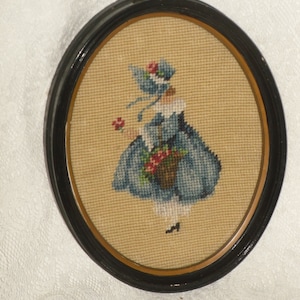 Lady with Bonnet Needlepoint Framed Oval Vintage Complete