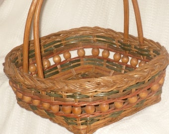 Woven Wicker Basket with Wood Beads Vintage